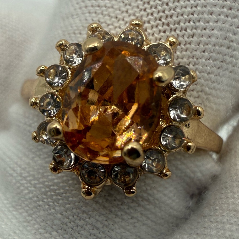 Gold-Tone Amber Halo Ring with Clear Accent Stones - Picture 6 of 9